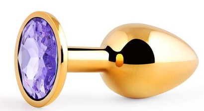 Золотистая анальная пробка с фиолетовым стразом - 7,2 см., фиолетовый