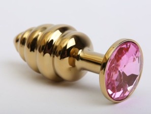 Золотистая ребристая анальная пробка с розовым стразом - 7,3 см., розовый
