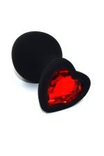 Черная анальная пробка из силикона с красным кристаллом в форме сердца