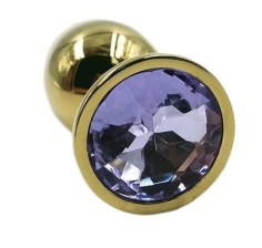 Золотистая алюминиевая анальная пробка с светло-фиолетовым кристаллом - 6 см., фиолетовый