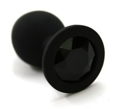 Чёрная силиконовая анальная пробка с чёрным кристаллом - 7 см., черный