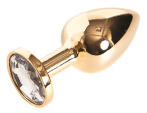 Золотистая маленькая анальная втулка с прозрачным кристаллом - 6 см., прозрачный